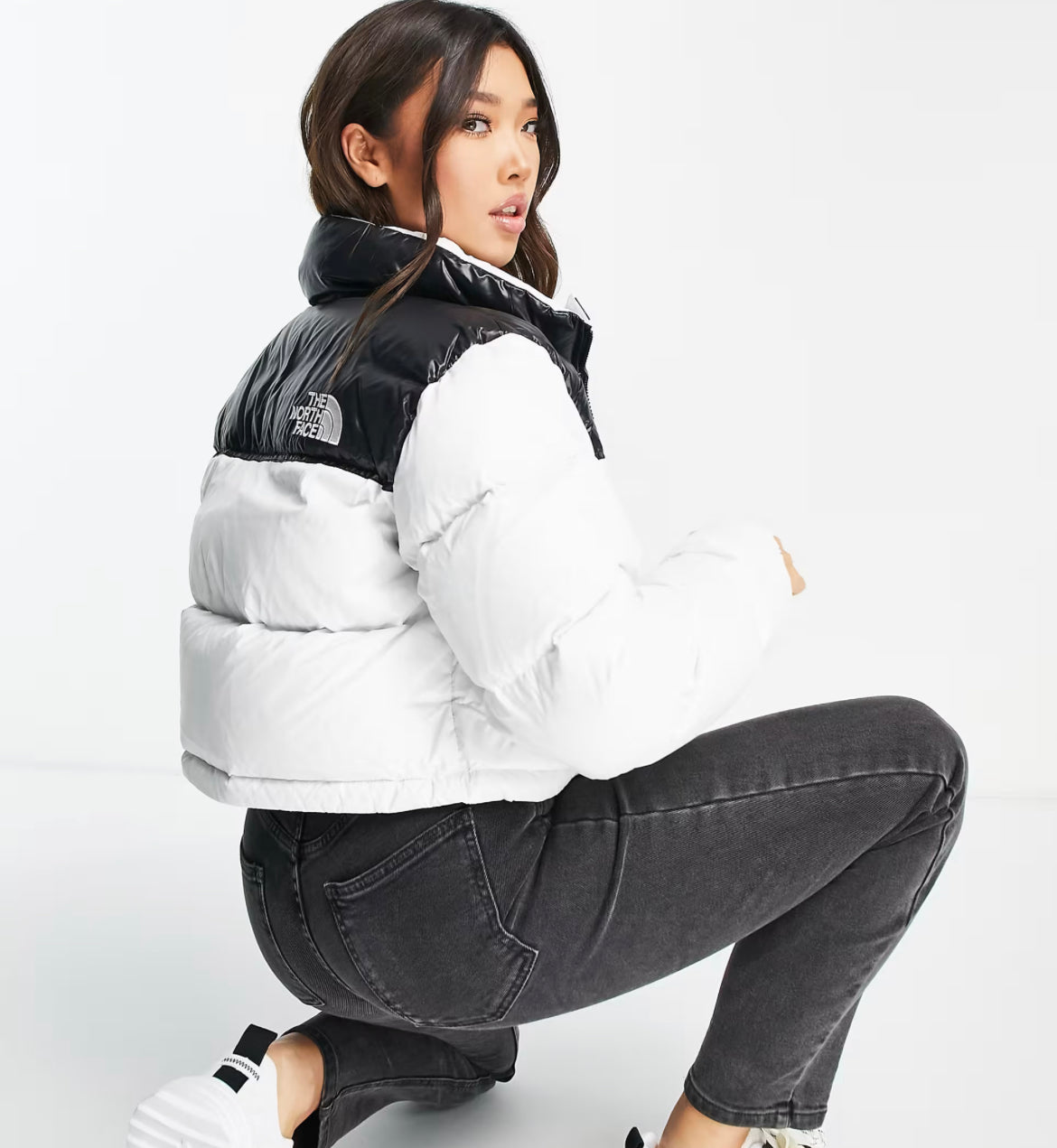 The North Face Nuptse cropped jacket in white (Women)